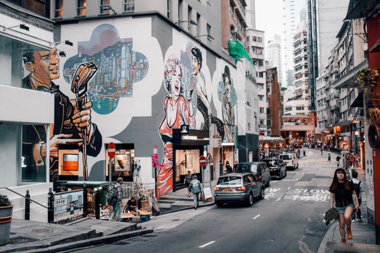 Hollywood Road is located in Old Town Central, colorful district of Hong Kong that's famous for its graffiti and art scene. 