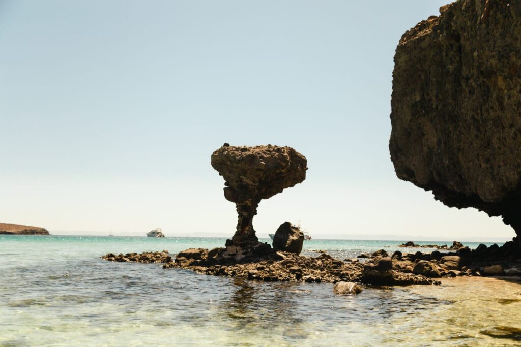 The mushroom rock is one of the top tourist attractions near Balandra Beach La Paz